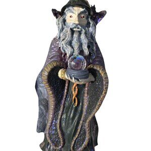 Vintage Spoontiques Wizard With Crystal Ball Orb Red Eyes Metaliic Figurine 6”